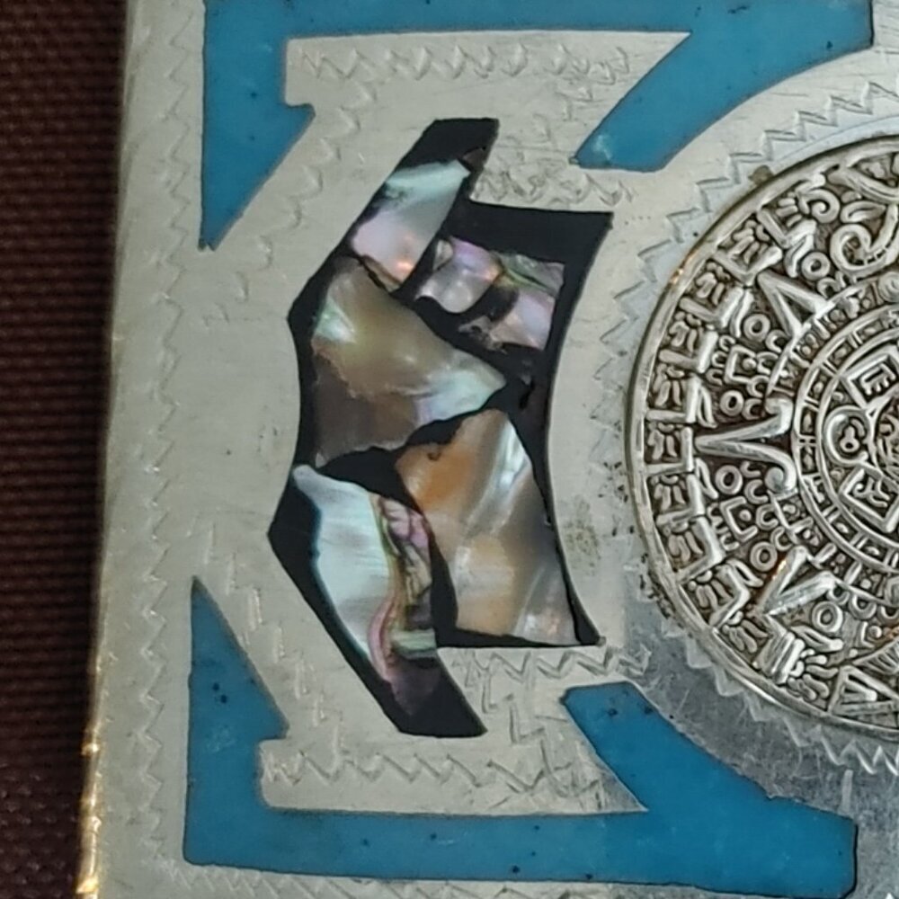 Vintage Aztec Sun Dial Belt Buckle – Silver with Blue Accents - Picture 3 of 7